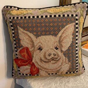 Whimsical Country Charm Pig with a Bow 12" Needlepoint Pillow Black Velvet Back
